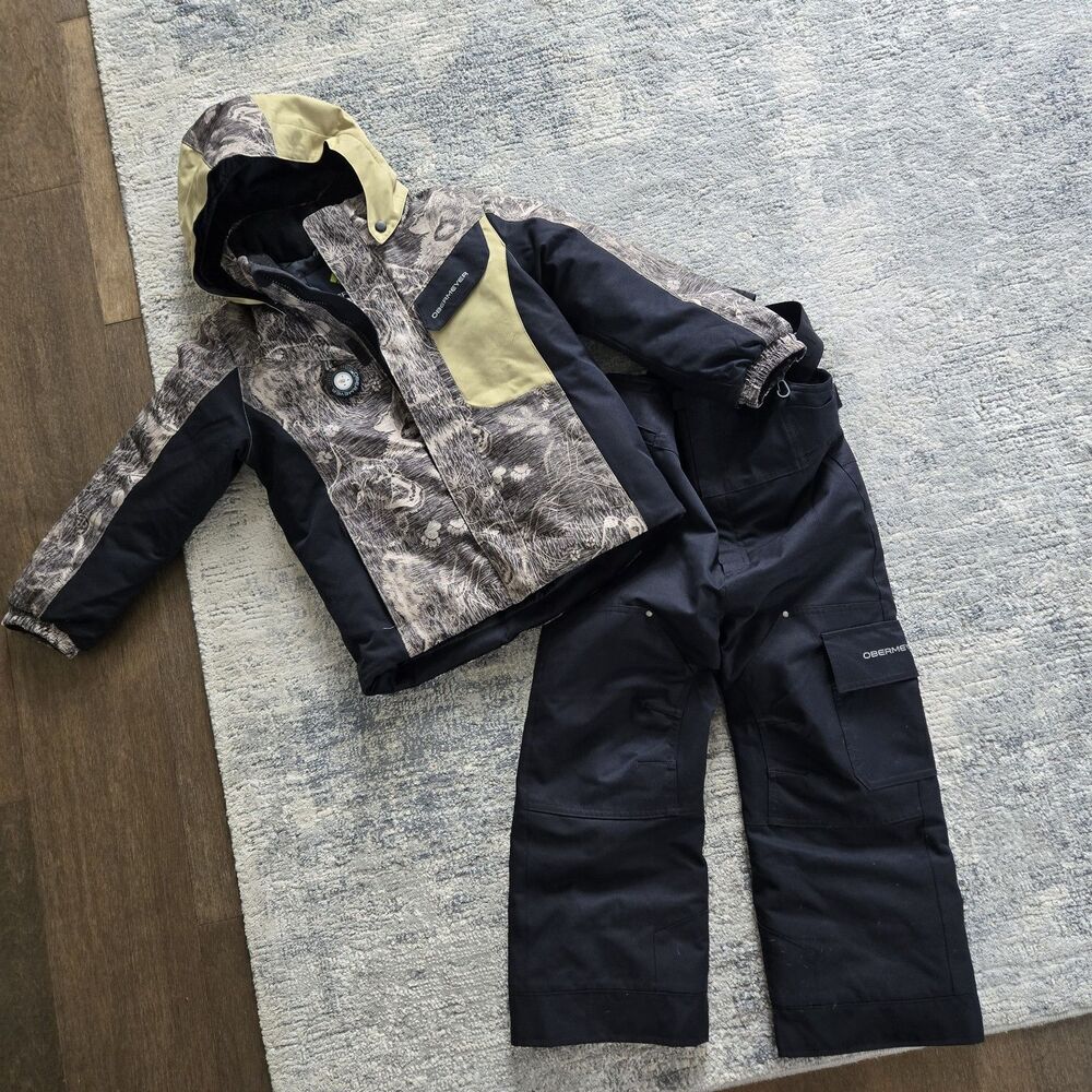 Obermeyer Kids Snowsuit Set Ski Jacket & Bib Pants Size 5 Green/Black Camo